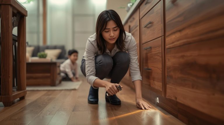 Wanita Indonesia sedang merawat dan membersihkan lemari kayu kesayangan di ruang tamu agar terhindar dari rayap
