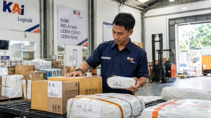 Petugas logistik memeriksa barang sebelum pengiriman cargo antarpulau.
