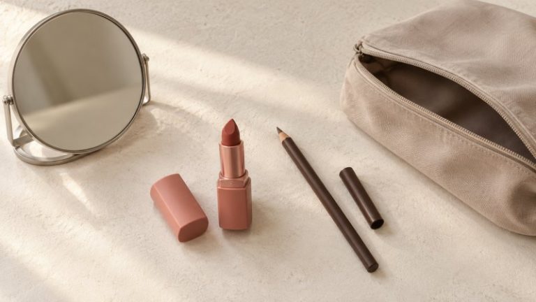 Lipstik dan pensil alis sebagai pilihan kosmetik untuk pemula, ditata bersama cermin dan pouch di meja.